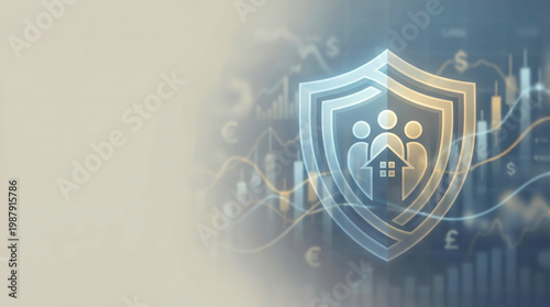 Comprehensive Financial Insurance and Asset Protection Concept Featuring a Glowing Shield with Family and House Icons Overlaid on a Dynamic Stock Market Trading Chart and Currency Symbols.