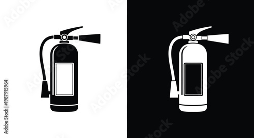 A contrasting depiction of a fire extinguisher shown in both black and white versions