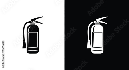 A stark contrast displays a fire extinguisher in both black on white and white on black