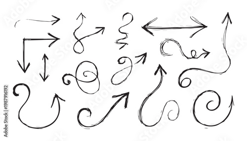 Hand drawn sketchy arrow collection with expressive swirly lines and creative artistic strokes for decoration.