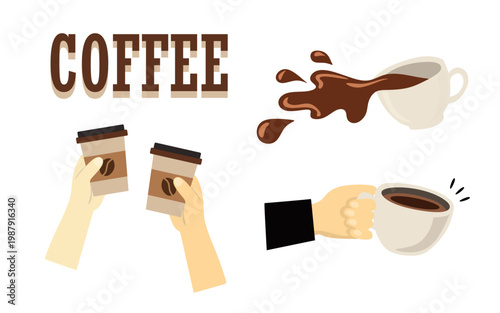 Various Coffee Drinks and Spillage Icon Illustration