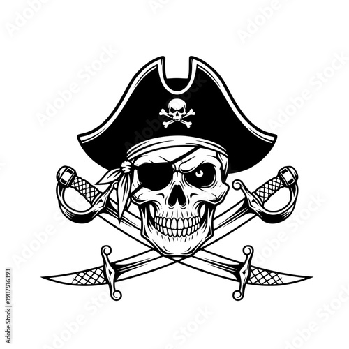 A skull wearing a pirate hat and eye patch Vector, illustration