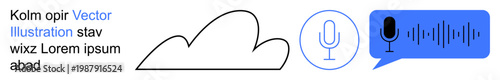 Cloud technology, voice recognition, audio transcription, digital communication, artificial intelligence, remote services. Microphone in speech bubble with sound wave and cloud icon. Cloud technology