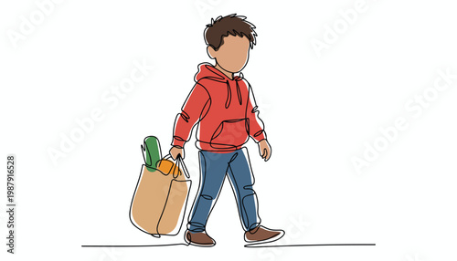 One continuous line illustration of an Shopping Boy , isolated on white background.