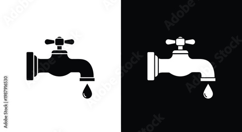 A simple illustration depicts a water tap with a single droplet shown in both black and white variations