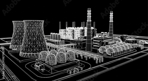Industrial power plant complex with cooling towers and smokestacks.