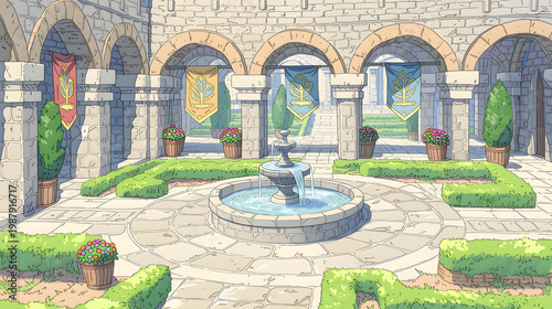 Explore a Charming Courtyard with a Beautiful Fountain Surrounded by Lush Gardens, Elegant Architecture, and Vibrant Banners, Perfect for Tranquil Outdoor Moments and Scenic Views