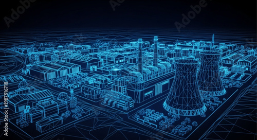 Abstract Digital Cityscape with Neon Blue Lights.