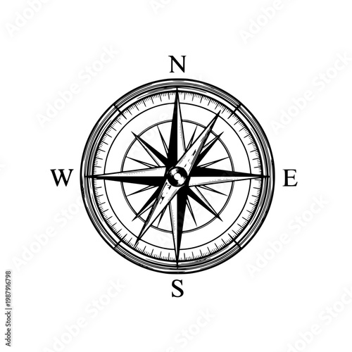 A black and white drawing of a compass Vector, illustration