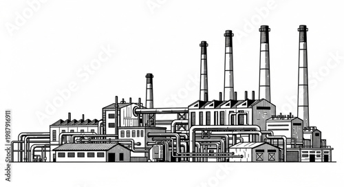 Industrial Factory Building with Smokestacks and Pipes Sketch.