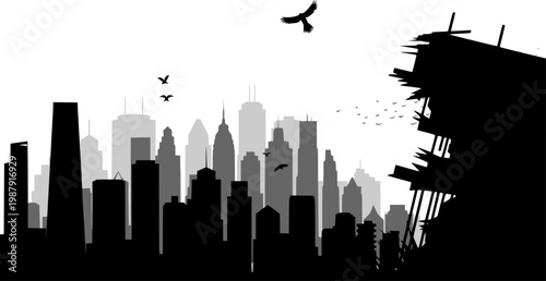 Post-Apocalyptic City Skyline with Destroyed Buildings and Flying Birds — Black Silhouette of Ruined Urban Cityscape for Disaster and Dystopian Design Backgrounds
