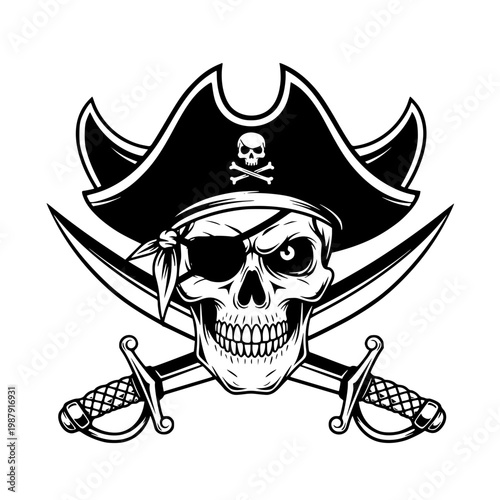 A skull wearing a pirate hat and eye patch Vector, illustration