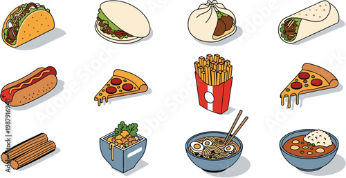 Comprehensive Collection of International Fast Food and Street Snacks Icons Including Taco Pizza Ramen Sushi Burger Hot Dog and Dessert Items