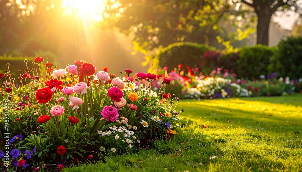 Fototapeta premium Flowers bloom brightly in a sun-drenched garden, casting a warm golden glow across the lush greenery