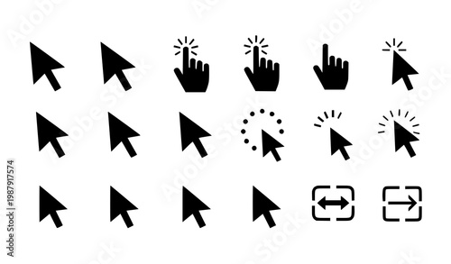 Black cursor icon set with flat computer pointer hover click and interface actions vector collection