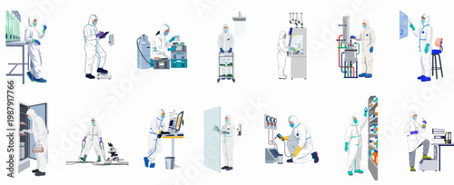 Set of scientists and technicians in protective hazmat suits performing various tasks in a laboratory, industrial, and medical research environment.