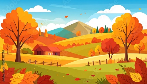 Autumn landscape with trees and house.