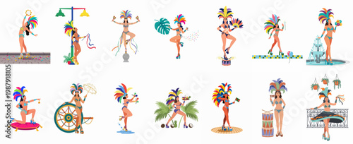 Collection of diverse flat vector illustrations of women in vibrant feathered carnival costumes, performing and celebrating in various festive scenes.