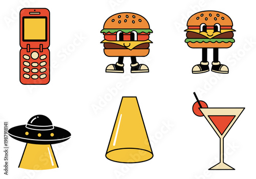Retro Vector Sticker Set featuring Vintage Cartoon Characters, Burgers, UFO, Flip Phone, and Martini. 90s Pop Art Aesthetic Icons for Nostalgic Graphic Design.