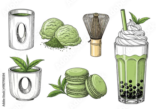 Green Matcha Tea Illustration Set with Bubble Tea, Ice Cream, Macarons, and Traditional Bamboo Whisk
