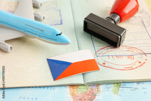 Tableau sur toile Czech, passport with approved stamp on document for tourism to immigration at airport in country