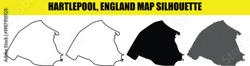 Hartlepool england map silhouette with four styles: solid white, outline, solid black, and dotted pattern.
