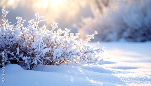 A snow-covered bush with the sun shining brightly through the frosted branches, creating a serene winter scene