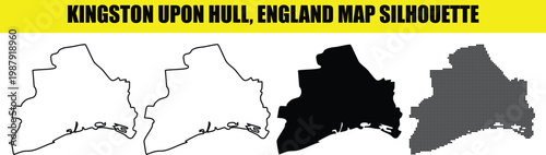 Kingston upon hull england map silhouette set featuring solid black shape outline and decorative halftone patterns.
