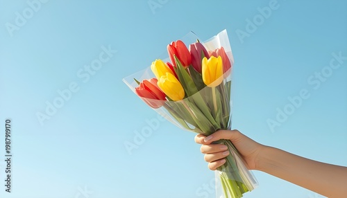 Woman Holding Colorful Tulip Bouquet Against Blue Sky