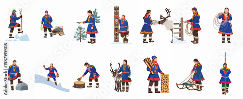 Vector set of Sami people in traditional gakti clothing performing various winter activities like reindeer herding, sledding, and gathering firewood on white background.