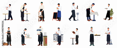 Set of flat vector illustrations depicting professional male waiters performing various duties and services in a restaurant setting.