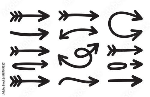 Hand drawn brush stroke arrows collection with rustic charcoal texture for creative presentations and journals.