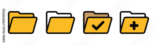 Yellow folder icons collection with check and plus symbols for organized digital file management and storage ui.