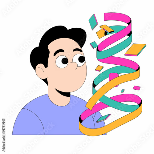 Man Looking at Colorful Ribbons Emerging from Head