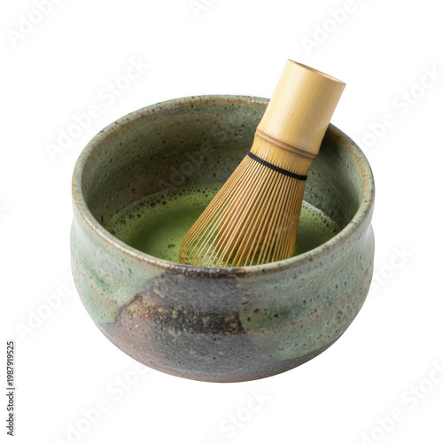 Matcha tea in ceramic bowl with bamboo whisk isolated on a transparent background