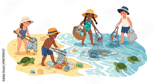 Illustrated scene of children wearing hats and gloves cleaning up plastic bottles and trash from a beach with sea turtles, depicted in a bright, cartoon style evoking a hopeful
