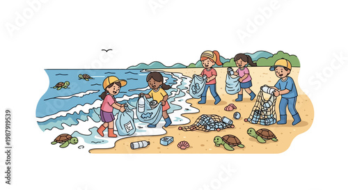 Illustrative artwork shows a group of children collecting plastic waste and trash on a sandy beach to help sea turtles in an environmental cleanup effort, rendered with bright colors