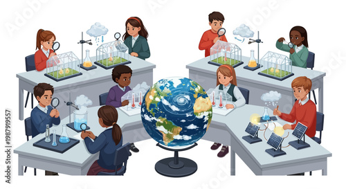 Digital illustration depicting attentive children in a classroom setting, actively engaged in Earth Day science projects using globes, magnifying glasses, and terrariums against a white