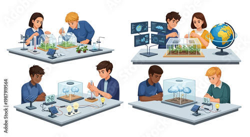 Illustrations depict children engaging in Earth Day education activities, constructing miniature ecosystems under glass domes with solar panels on desks against a white background