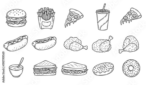 Vintage hand drawn fast food menu vector with engraved style burger fries chicken and soda illustration isolated on white