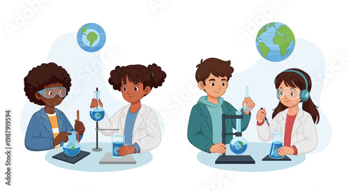Illustrated Earth Day scene showing diverse children in lab coats conducting scientific experiments with beakers and test tubes in a bright, clean classroom, promoting environmental