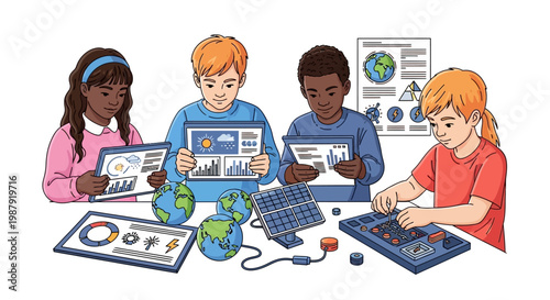 Illustrated children engage in an Earth Day educational activity, interacting with tablets displaying ecological data and models of the Earth and solar panels, all set against a clean white