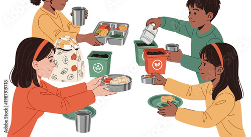 Illustration of diverse children sorting recyclable materials into bins, promoting environmental education and sustainability, presented in a bright, cartoon style with a clean white