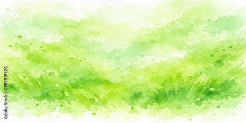 Soft abstract watercolor art featuring a bright sunny spring meadow with green grass and a soft bokeh light texture under a blurred summer sky