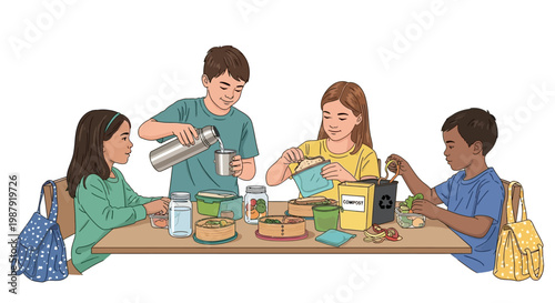 A diverse group of children is depicted in a colorful illustration, preparing reusable containers and packing lunches at a wooden table against a white background with an educational