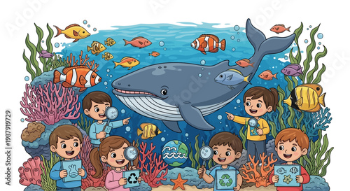 A group of cheerful children are using magnifying glasses and tablets to study a whale and Earth Day-themed globe in a vibrant underwater coral reef scene with bright, illustrative