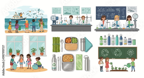 A cartoon illustration shows children learning about Earth Day and environmental conservation through various activities, including planting, recycling, and cleaning up trash on a beach