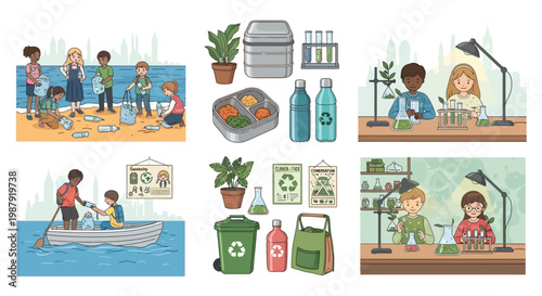 Illustrated scenes depict children engaging in environmental activities such as planting seedlings, collecting trash on a beach, recycling materials, and conducting science experiments, all