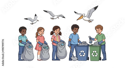 Illustrated scene of diverse children participating in a clean-up effort, filling recycling bins with trash and collecting waste in bags against a white background, promoting environmental
