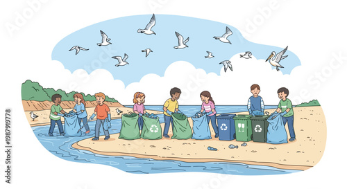Cartoon illustration of children participating in an Earth Day cleanup, collecting garbage in bags and recycling bins on a sandy beach with seagulls overhead, conveying a bright